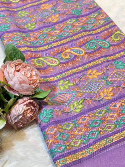 Purple  Georgette Chikankari Stripe Floral Threadwork Embroidery 44 inch width