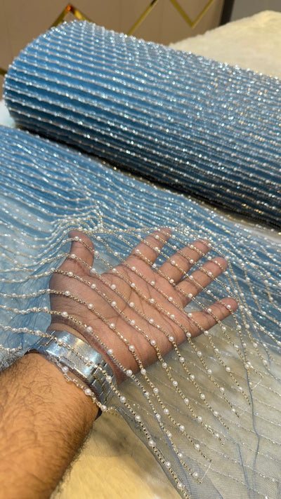 Net Stripe Handwork Nets with Cutdana and Pearl work 54 inch width