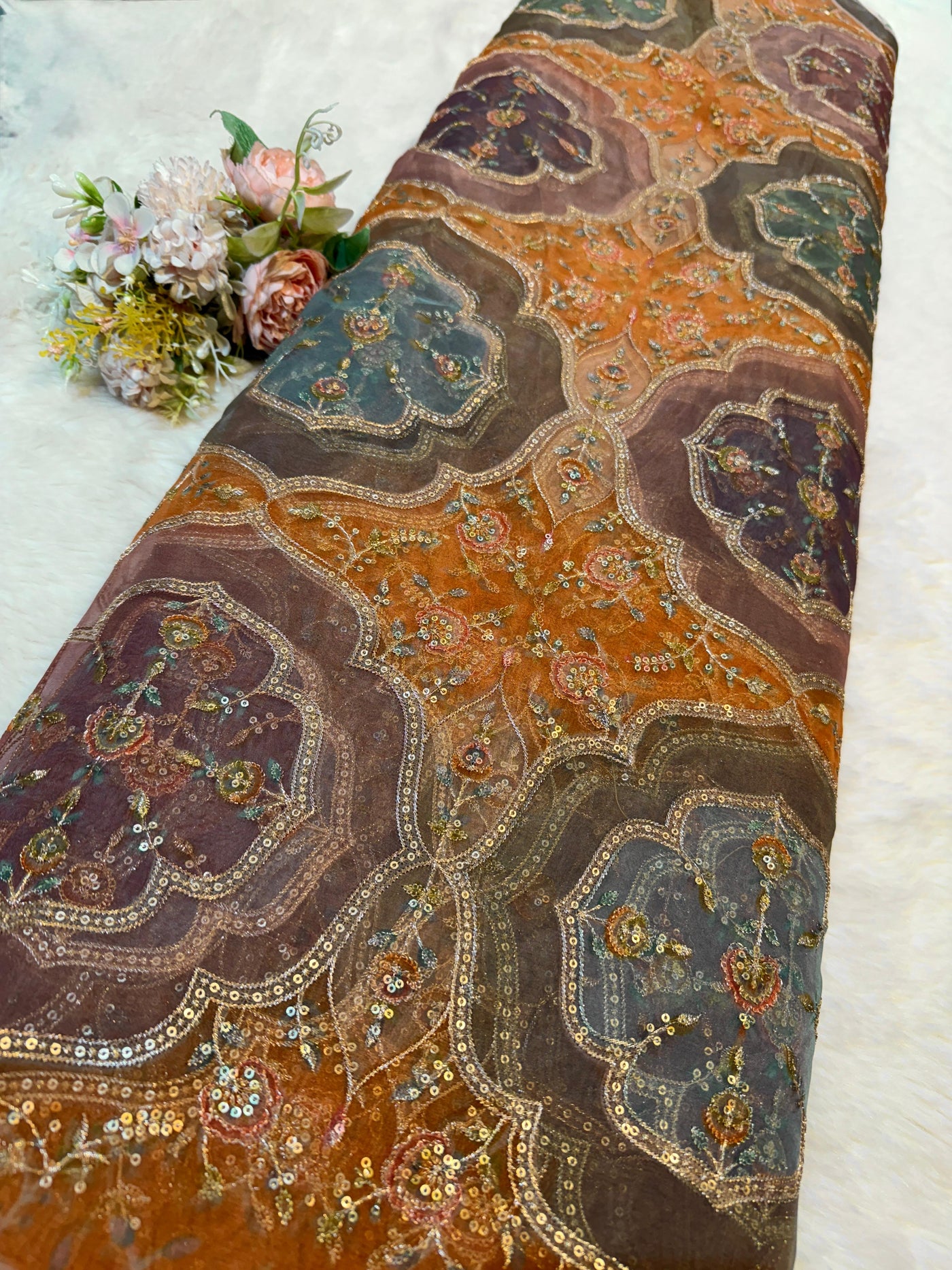 Iliana Orange Organza Prints with Embroidery 44 inch width
