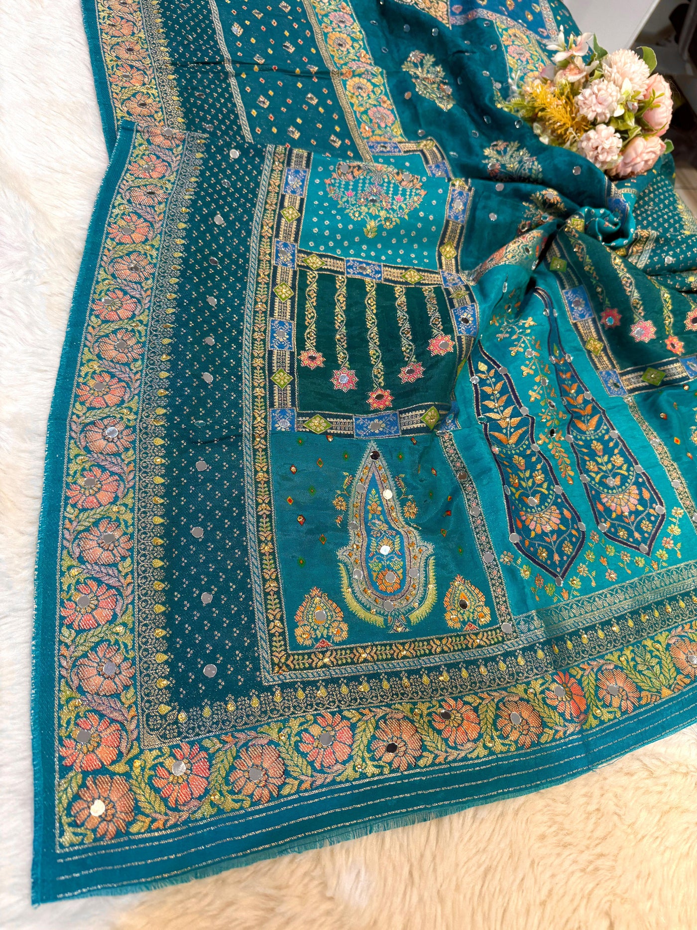 Sajda Teal Blue Pure Silk Dupatta With Real Mirror Handwork 2.50 meter length