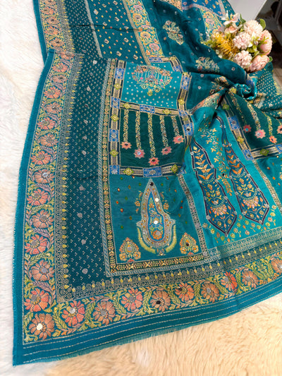 Sajda Teal Blue Pure Silk Dupatta With Real Mirror Handwork 2.50 meter length