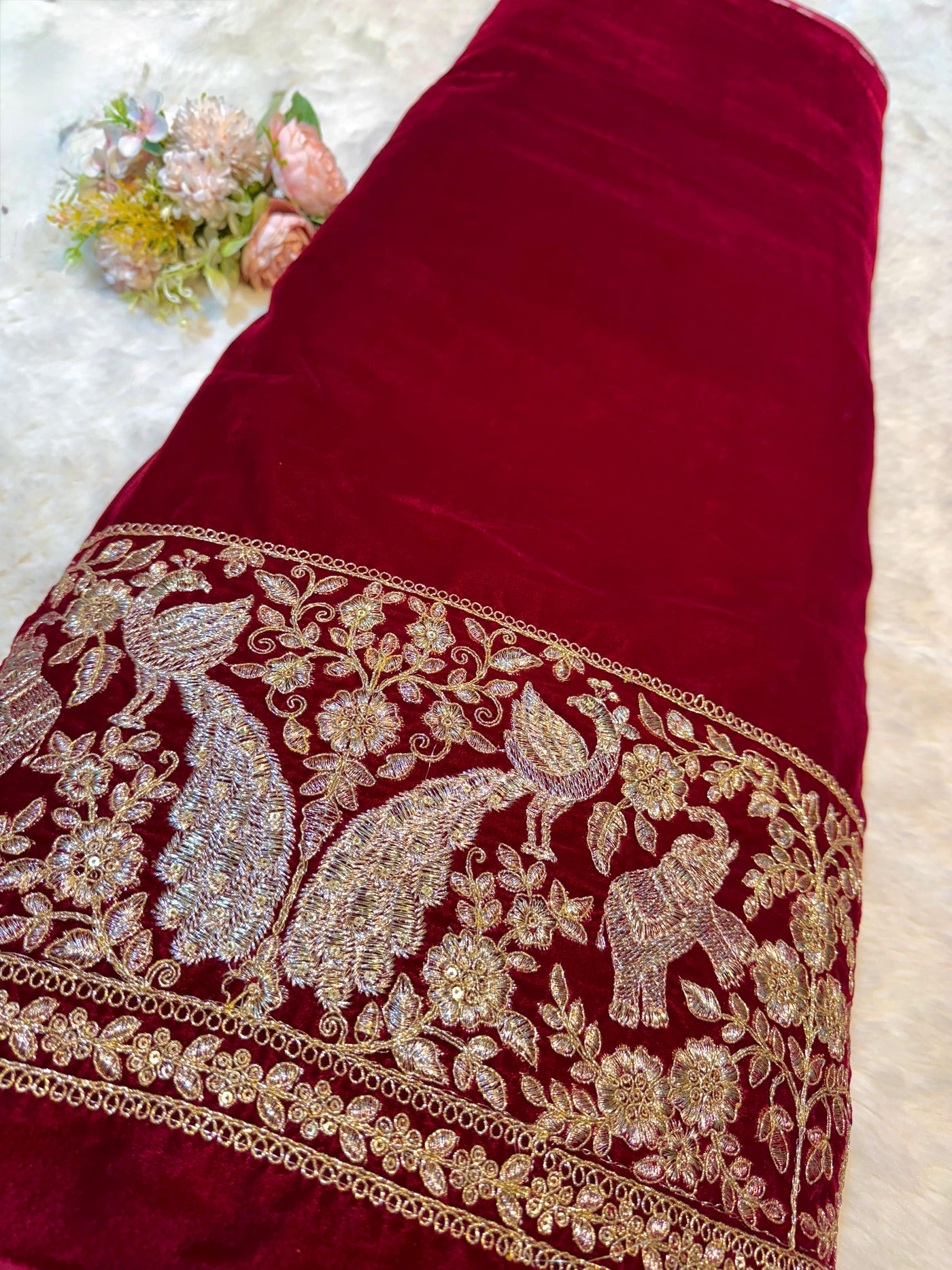 Red Ivy Velvet Daaman Zari embroidery 44 Inch width