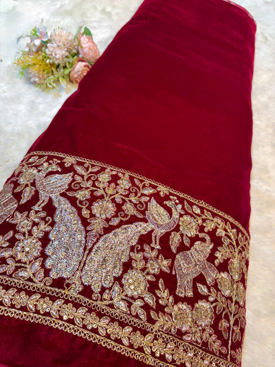 Red Ivy Velvet Daaman Zari embroidery 44 Inch width