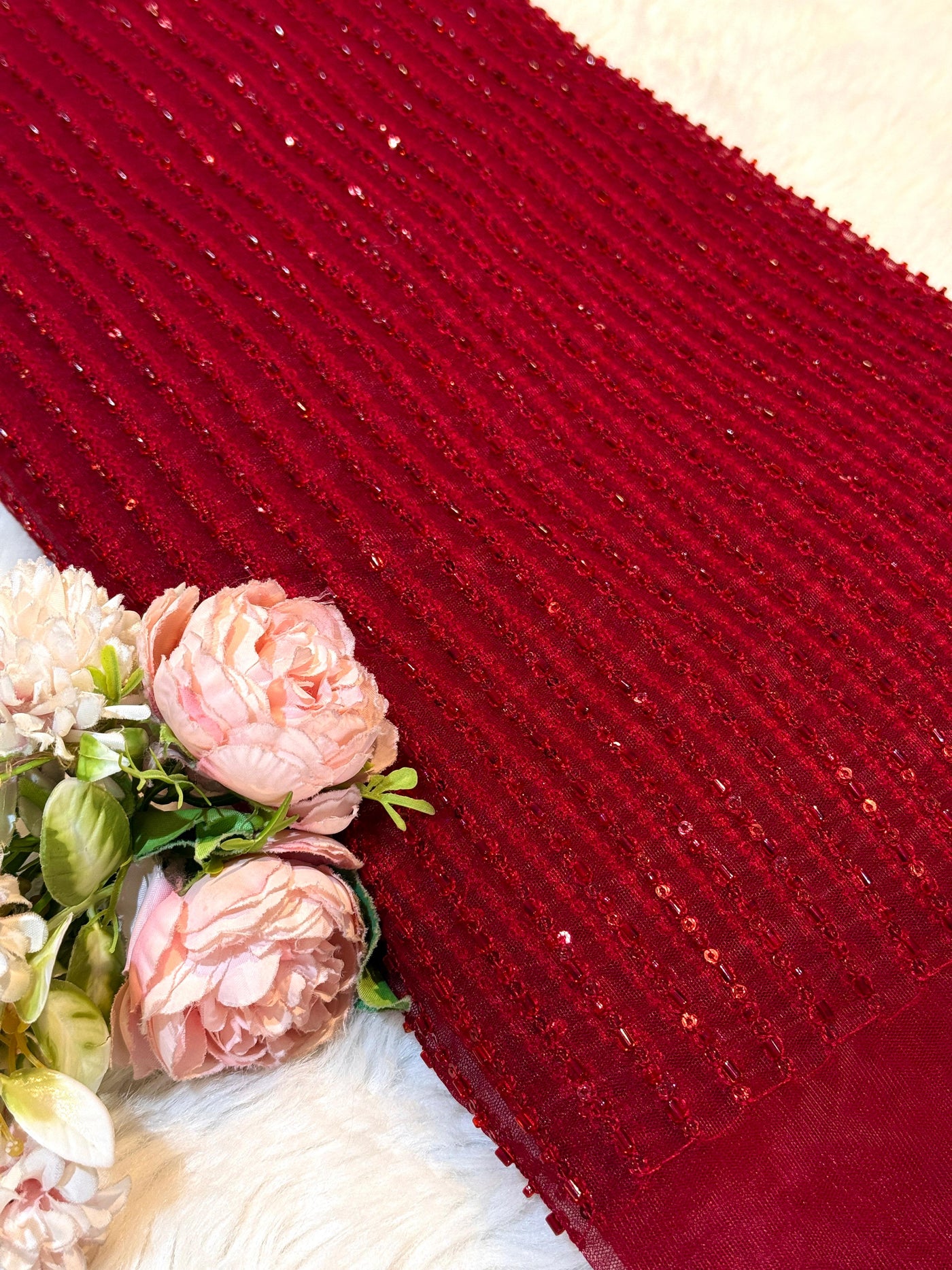 Maroon Stripe Handwork Net 44 inch width