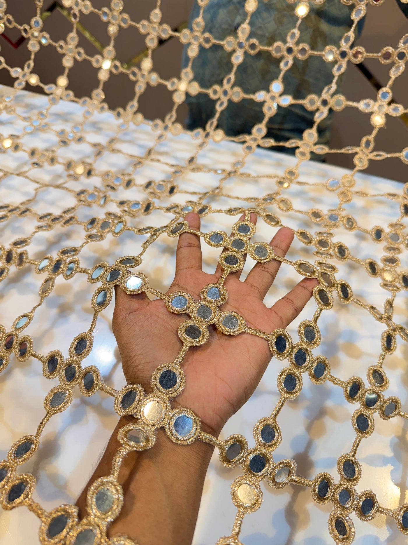 Light gold   Crochet With Faux Mirror Embroidery 39 inch width