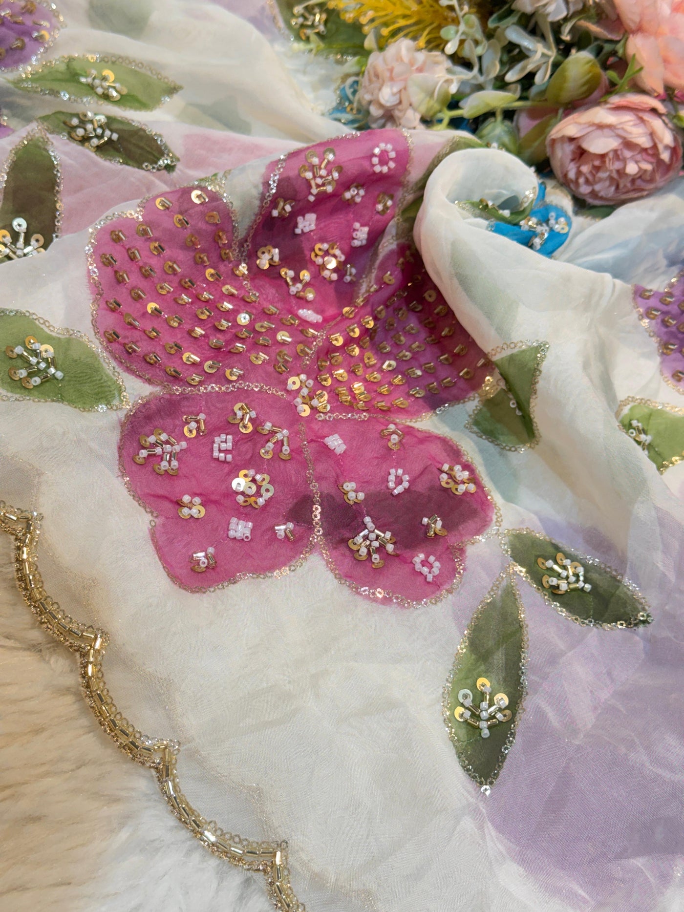 Ayesha white Pure Organza Handwork Dupatta With Floral Work and Four Side Scalloped Borders 2.40 meter length