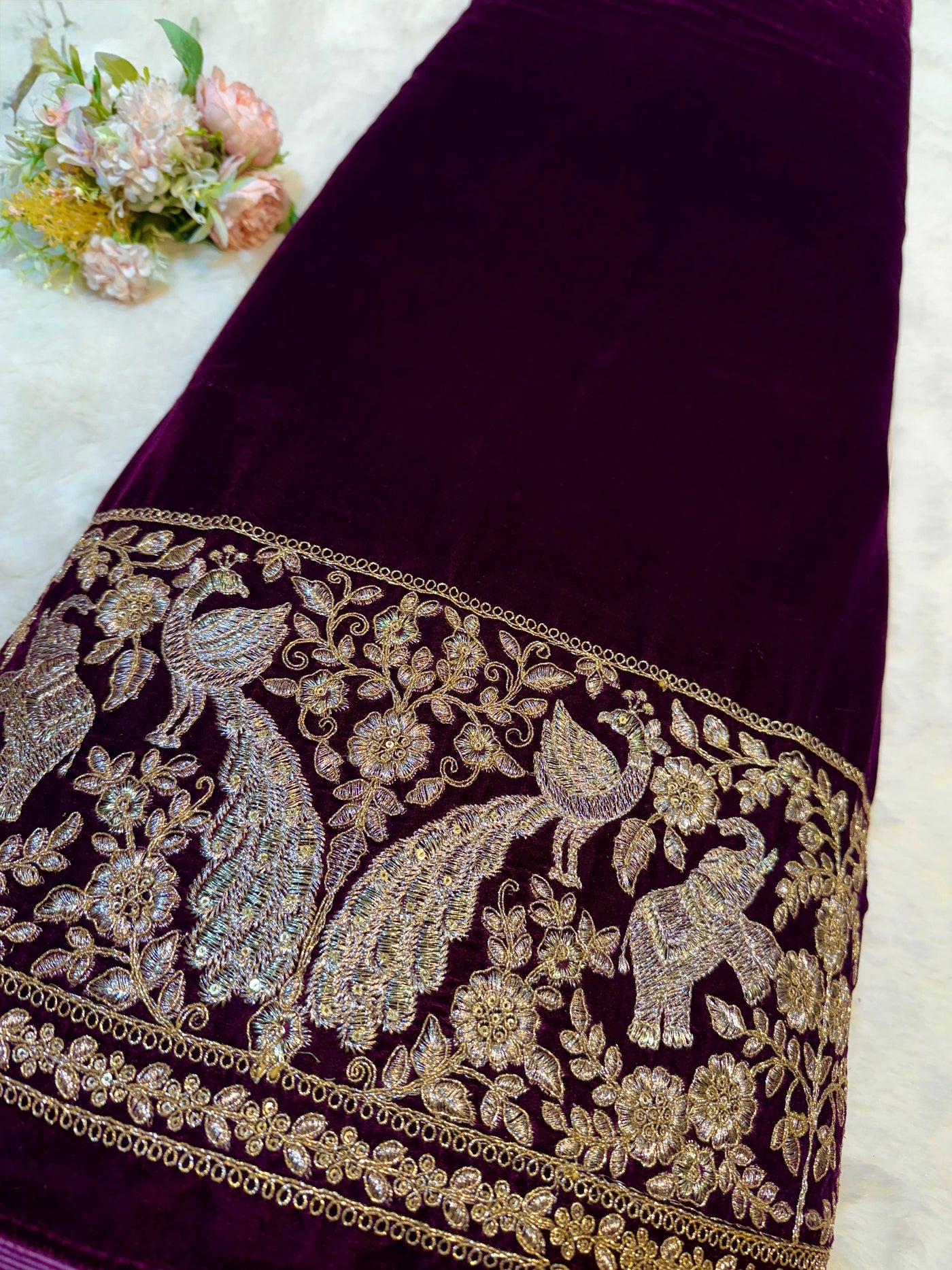 Wine Ivy Velvet Daaman Zari embroidery  44 Inch width