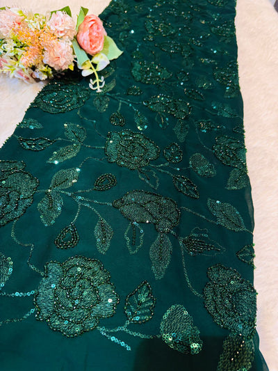 (Precut of 1.50 Meter) Shenza Bottle Green Handwork Georgette Embroidery 44 inch width