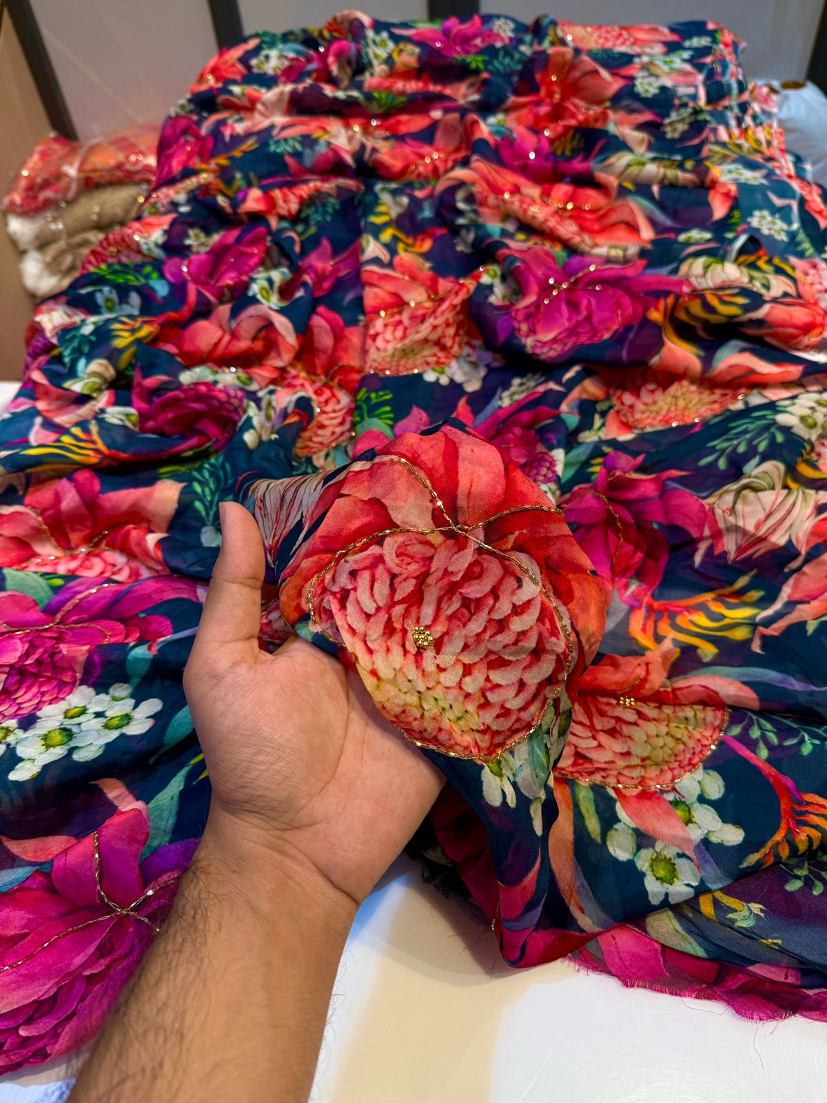 Mezzo Supersoft Tabby Silk Handwork Floral 44 inch width
