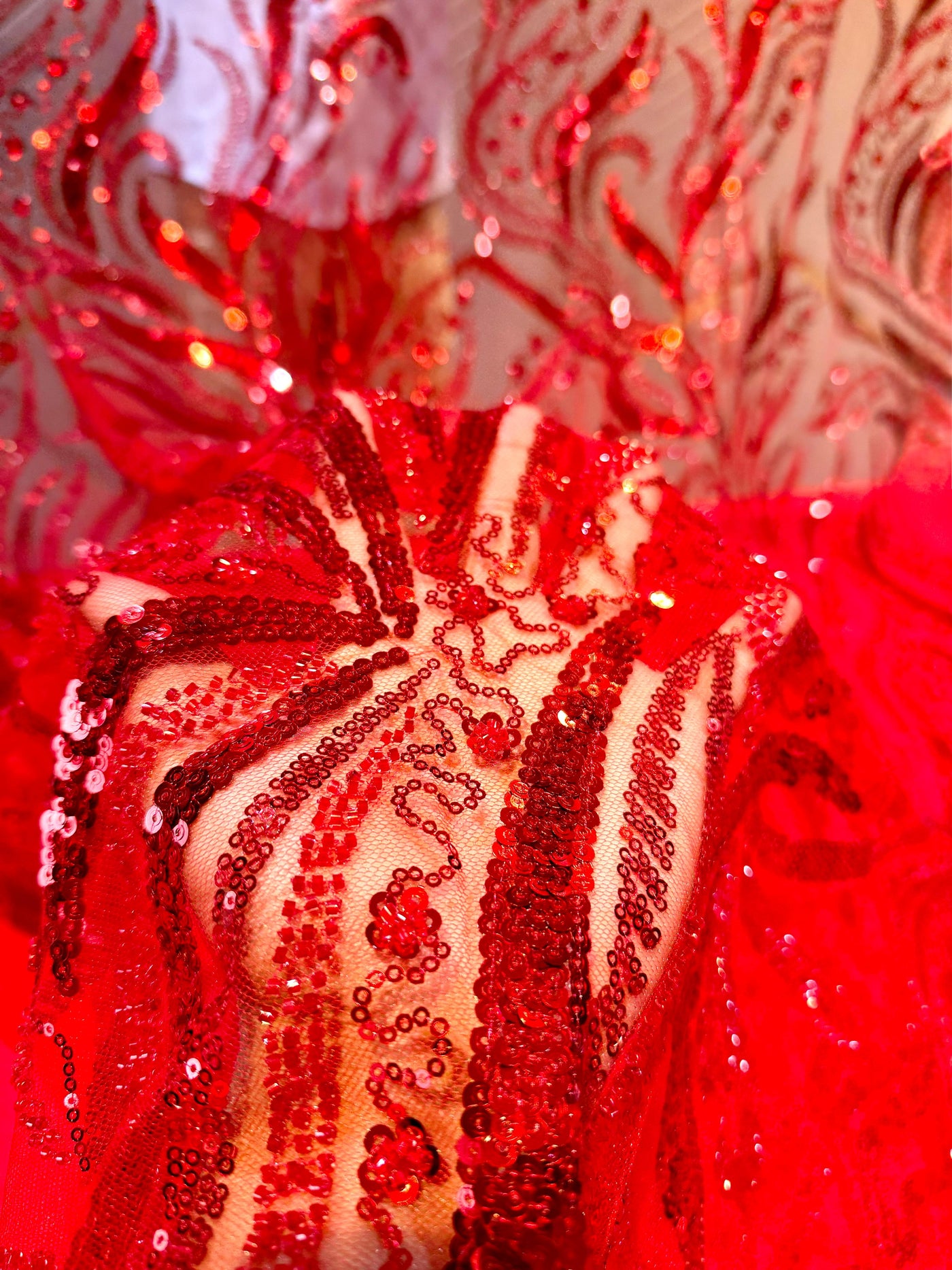 Minal Red Handwork Net Embroidery With Pearls And Cutdana Work 54 inch width