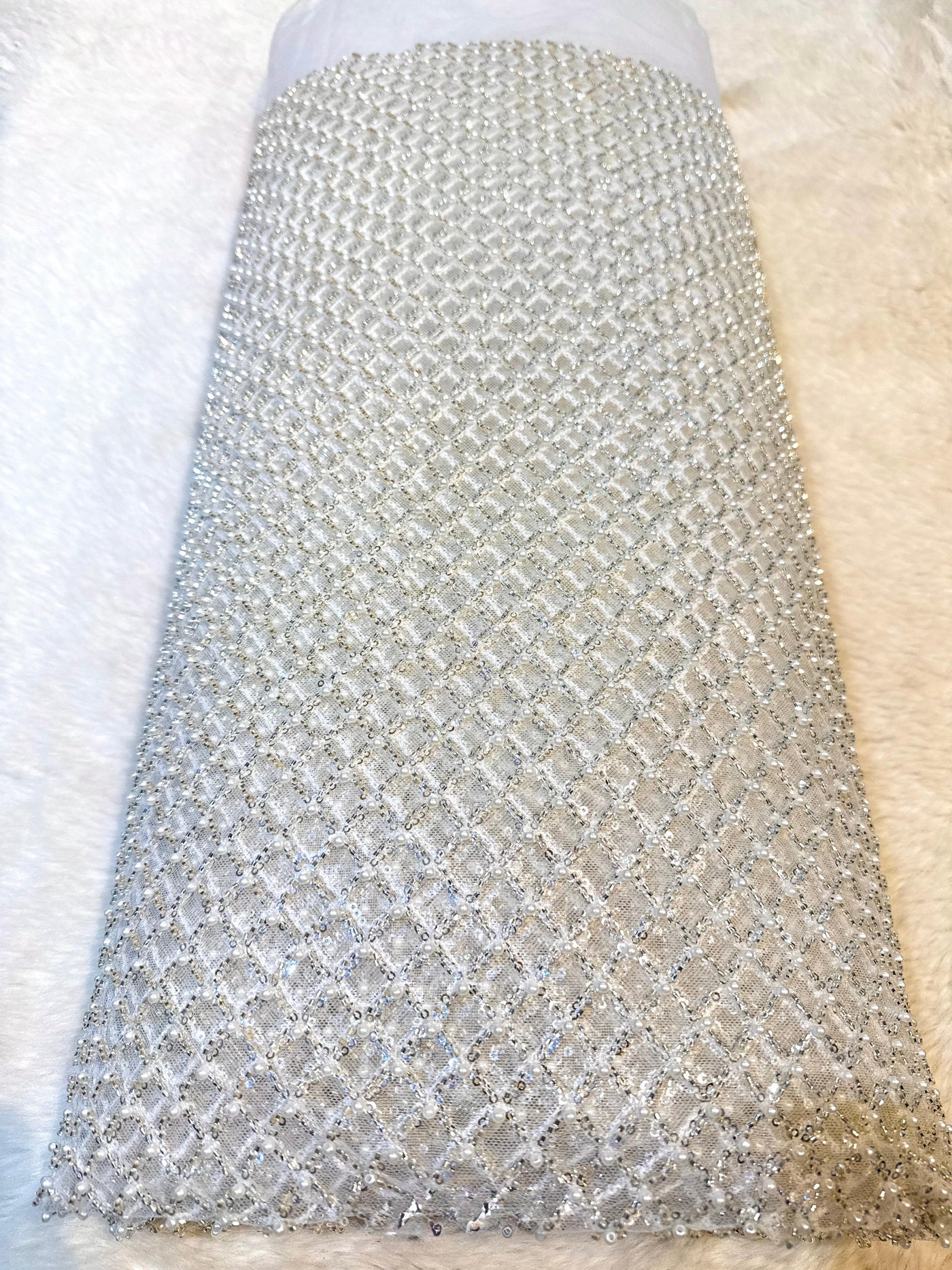 Pearl White Handwork Net Embroidery Checks Pattern  with Cutdana and Pearl Work 54 inch width