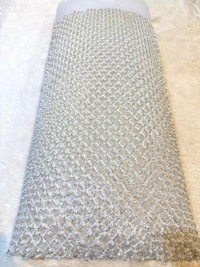 Pearl White Handwork Net Embroidery Checks Pattern  with Cutdana and Pearl Work 54 inch width