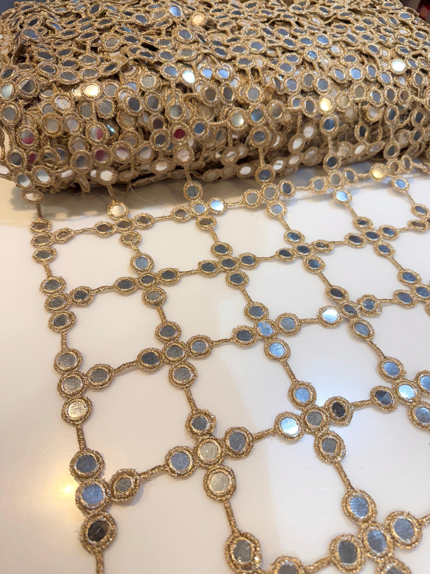 Light gold   Crochet With Faux Mirror Embroidery 39 inch width