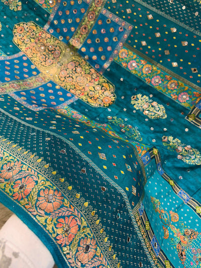 Sajda Teal Blue Pure Silk Dupatta With Real Mirror Handwork 2.50 meter length