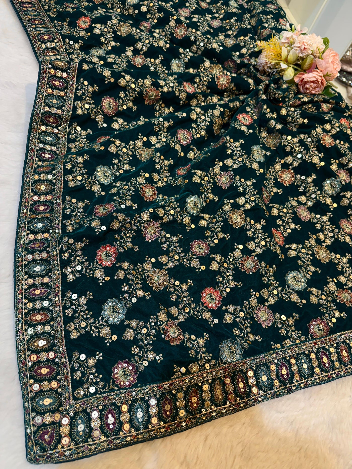 Rama Green Velvet Limited Edition Dupatta With Embroidery 2.40 meter length