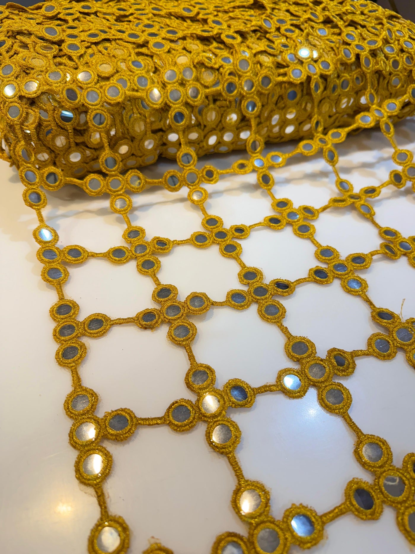 Mustard yellow Crochet With Faux Mirror Embroidery 39 inch width
