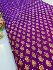 (Precut of 0.60 Meter) Purple Pure Banarasi Handwork Brocades with Real Stone Handwork 44 inch width
