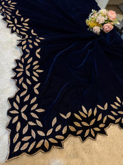 Navy Blue Pure Velvet Gota Work Scallop Stole  2.20 meter length
