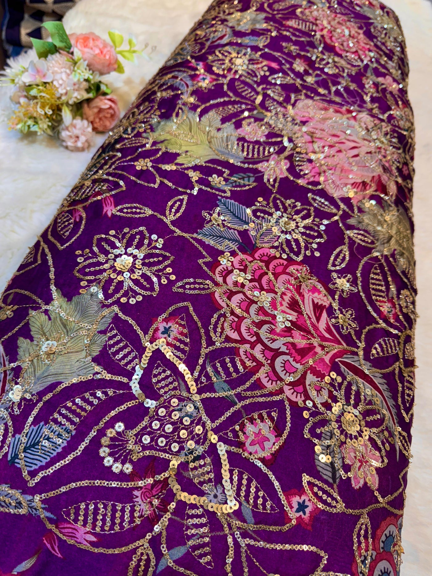 Ifra Satin Georgette Floral with Sequins Embroidery 44 inch width