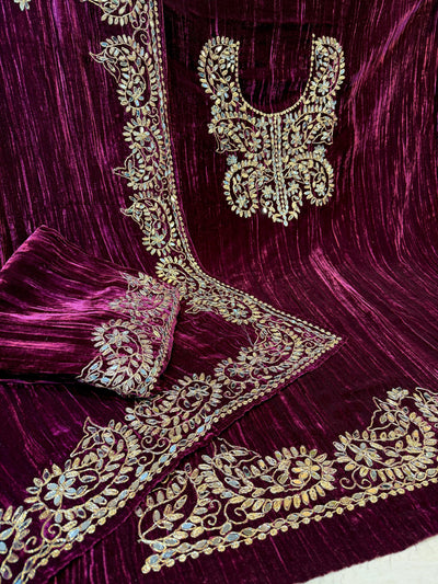 Wine Crush Velvet Handwork Suit Set