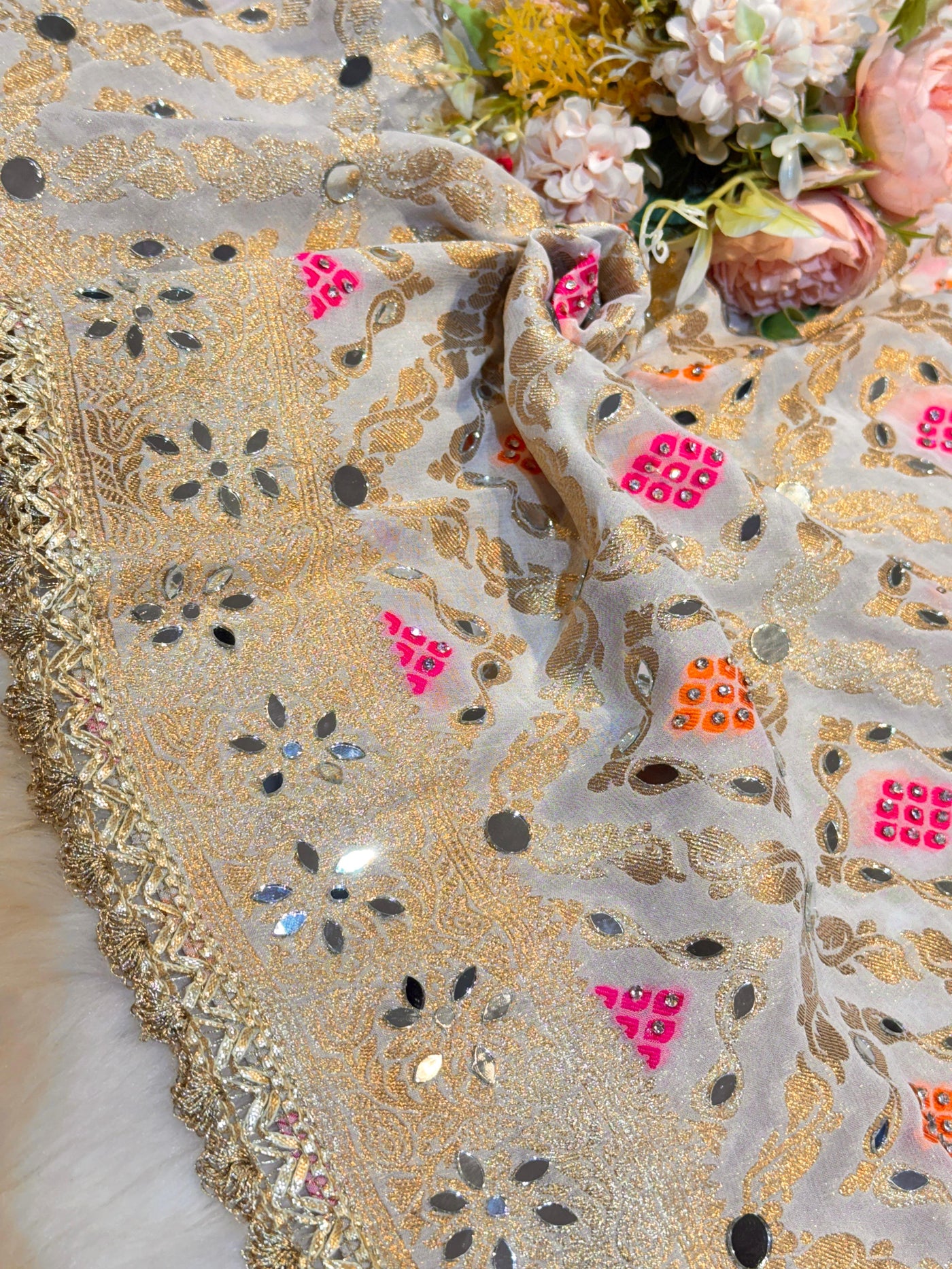 White Sheeshmahal Pure Georgette Handwork Dupatta 2.35 Meter length