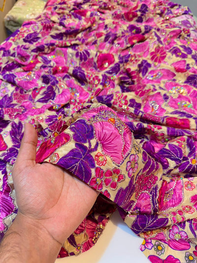 Luxury Crape Floral Print Embroidery With Handwork 44 Inch width
