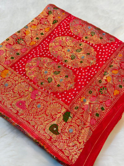 Pure Silk Bandhej Dupatta With Real Mirror Handwork 2.30 meter length