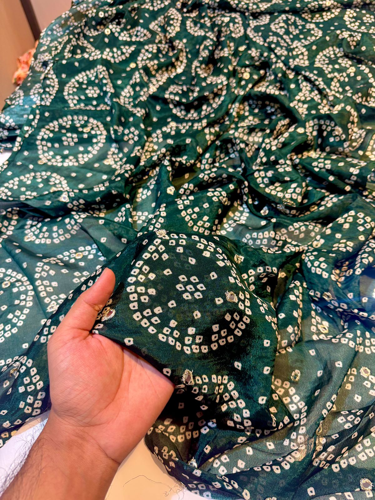Pure Chinon with Embroidery with Bandhej print 44 Inch width