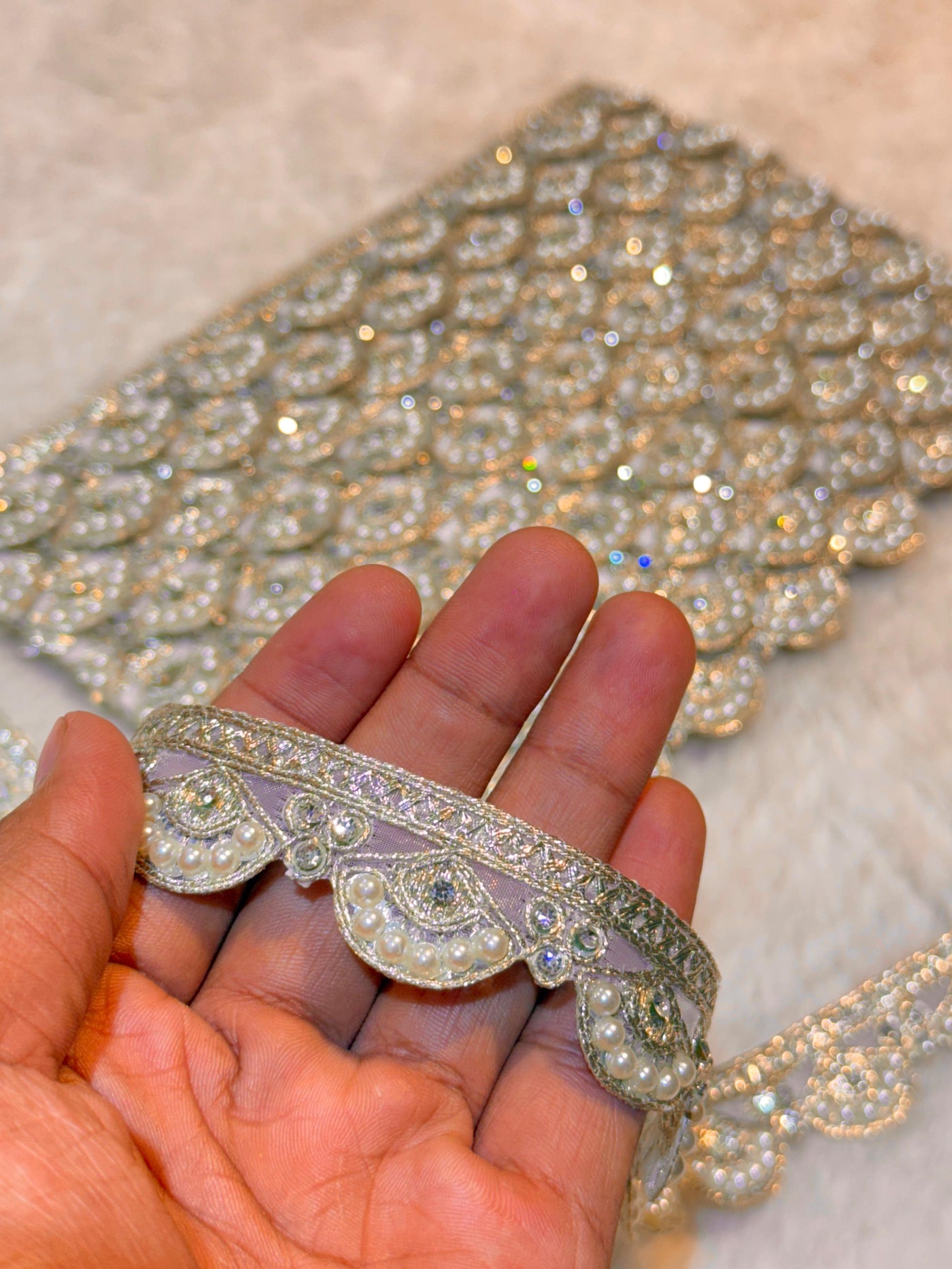 (Wholesale pack of 9 meter ) Lace Border With Pearl Stone and Sequins Work