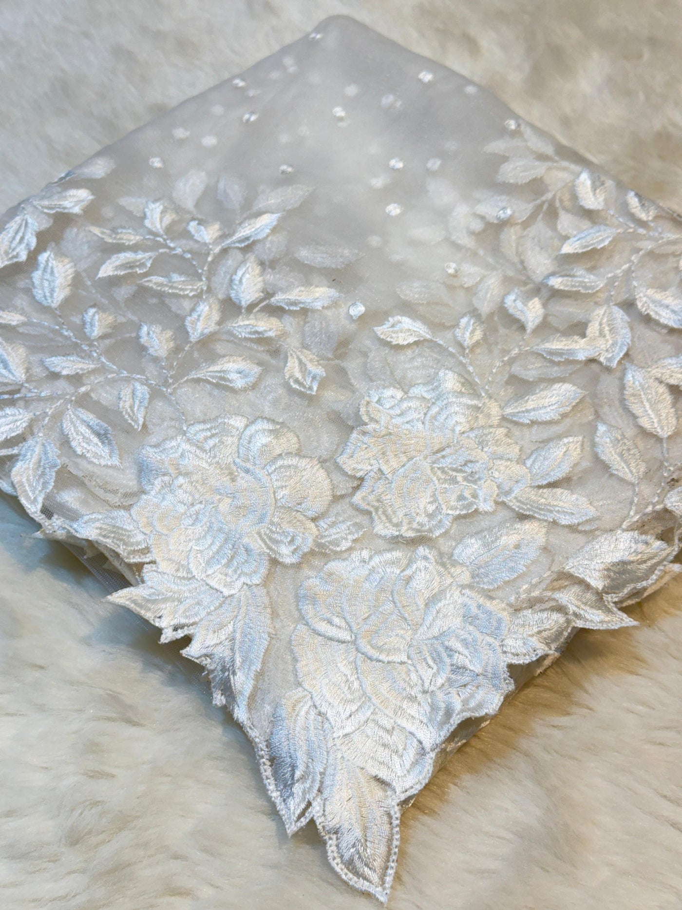 Saisha White Net Scalloped Dupatta With Floral Royal Cutwork 2.50 meter length