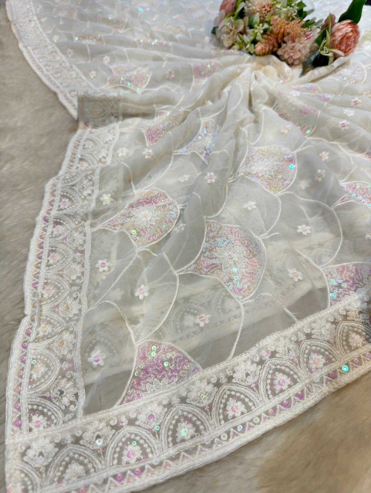 Dastoor Chikankari Dupatta With Rainbow Sequins Dyeable