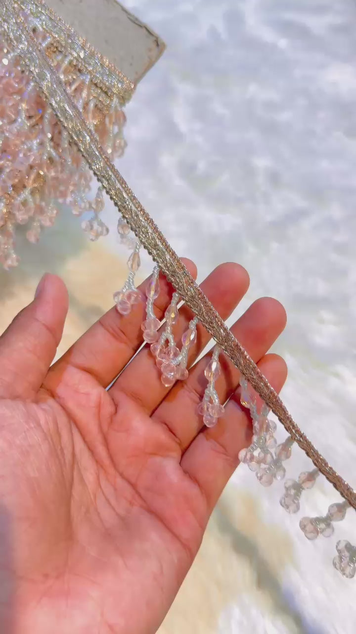 (Wholesale pack of 9 meter ) Luxury Latkan Lace Baby Pink Colour with Crystal work