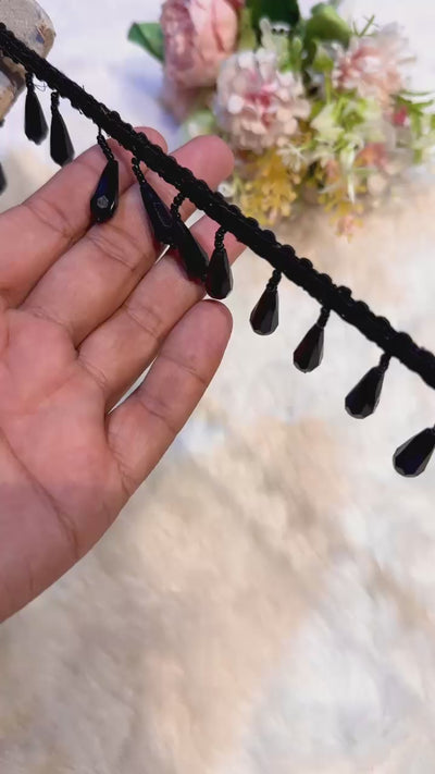 (Wholesale pack of 9 meter ) Luxury Latkan Lace Black Colour with Crystal work