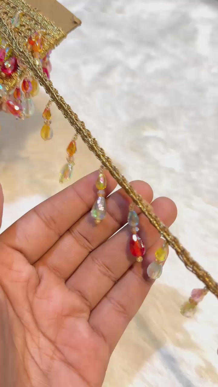 (Wholesale pack of 9 meter ) Luxury Latkan Lace Multi Colour with Crystal work