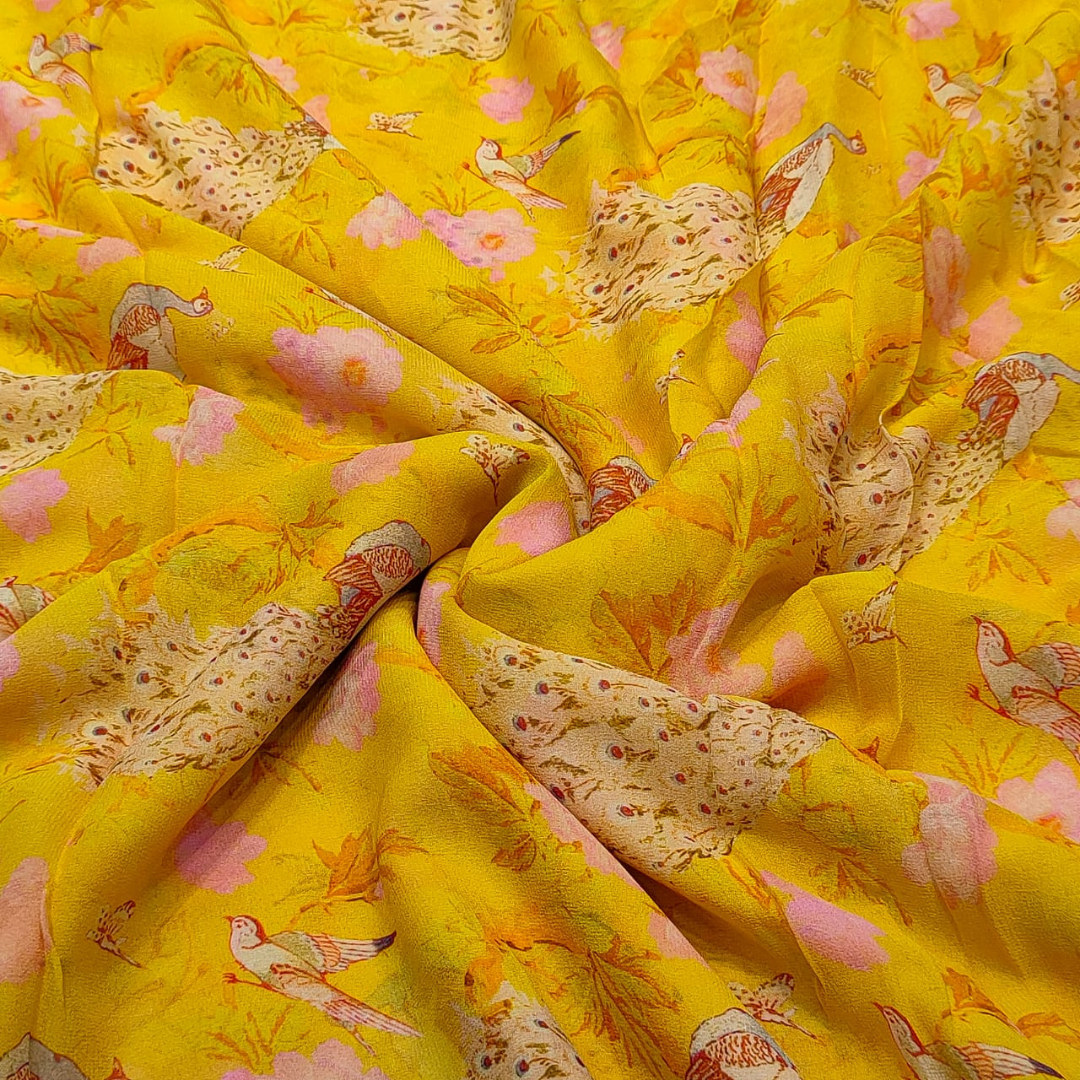 Mustard Viscose Georgette Print with Motifs and Floral , Width : 44"