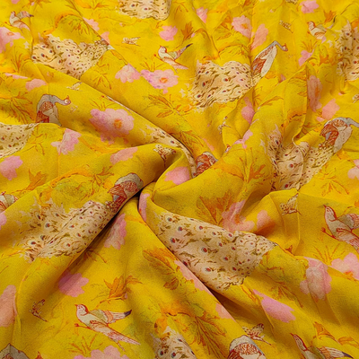 Mustard Viscose Georgette Print with Motifs and Floral , Width : 44"