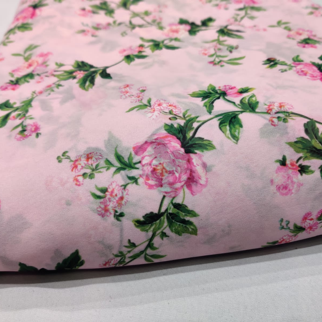 Georgette roze bloemenprint, breedte: 44" 