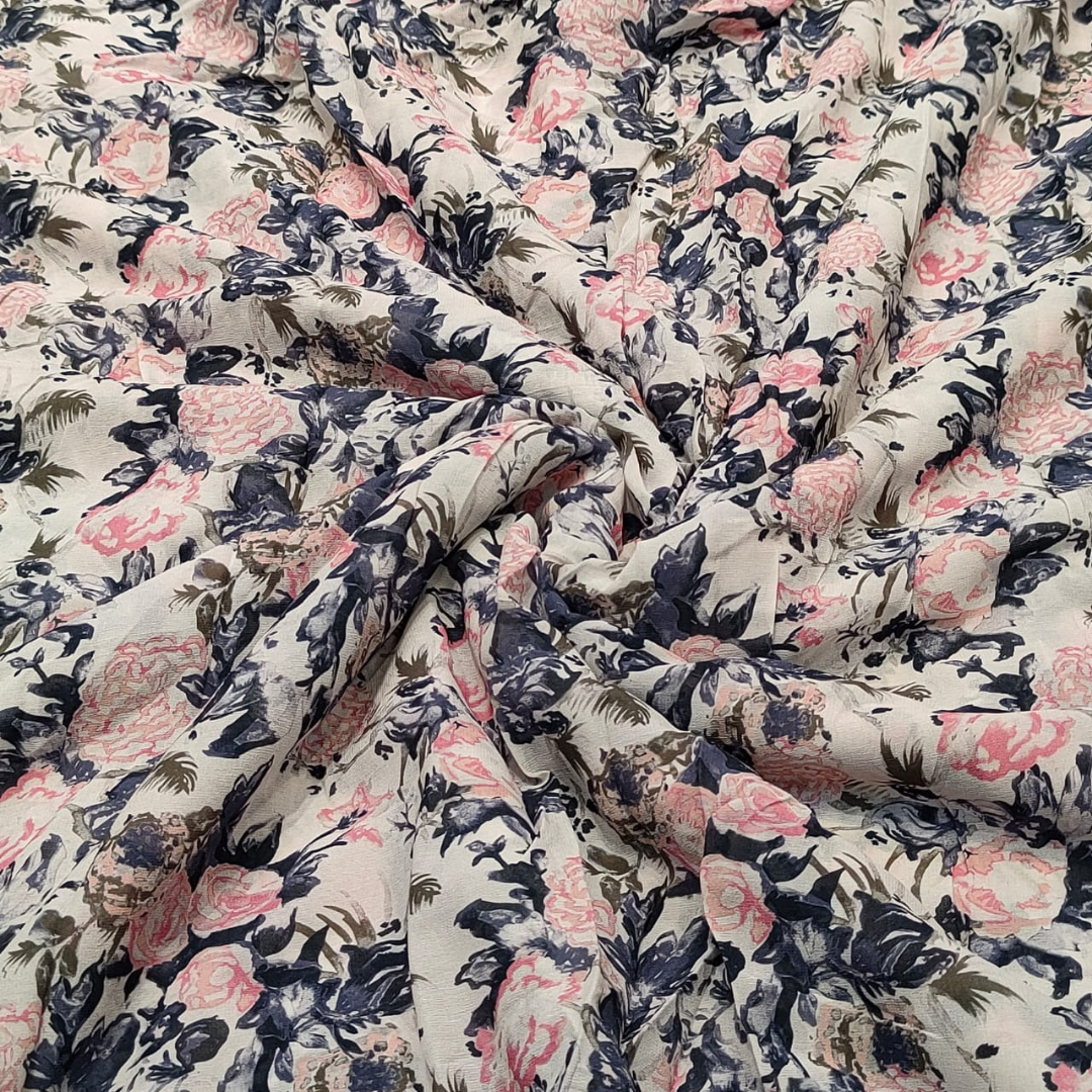 White Georgette Print with Pink Florals , Width : 44"