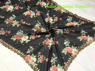 Floral silk organza handwork dupatta