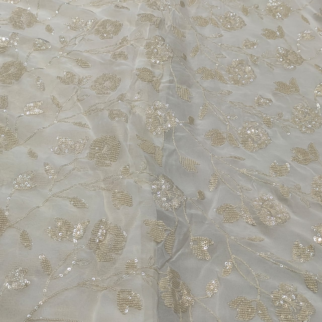 (Precut of 1.20 Meter ) Georgette Lakhnawi Dyeable Embroidery with Sequins , Width : 44"