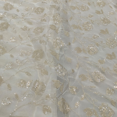 (Precut of 1.20 Meter ) Georgette Lakhnawi Dyeable Embroidery with Sequins , Width : 44"