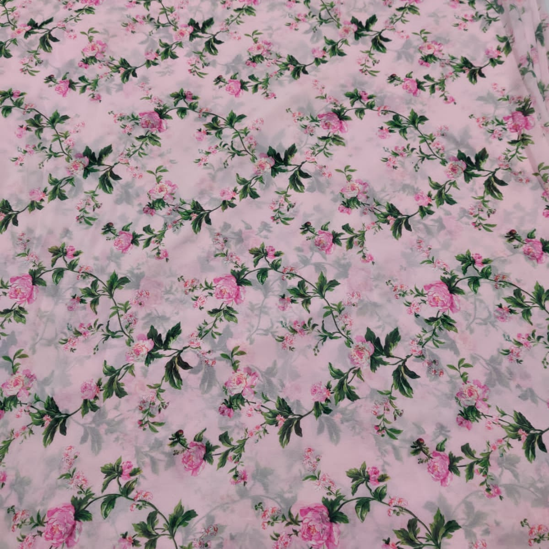 Georgette roze bloemenprint, breedte: 44" 