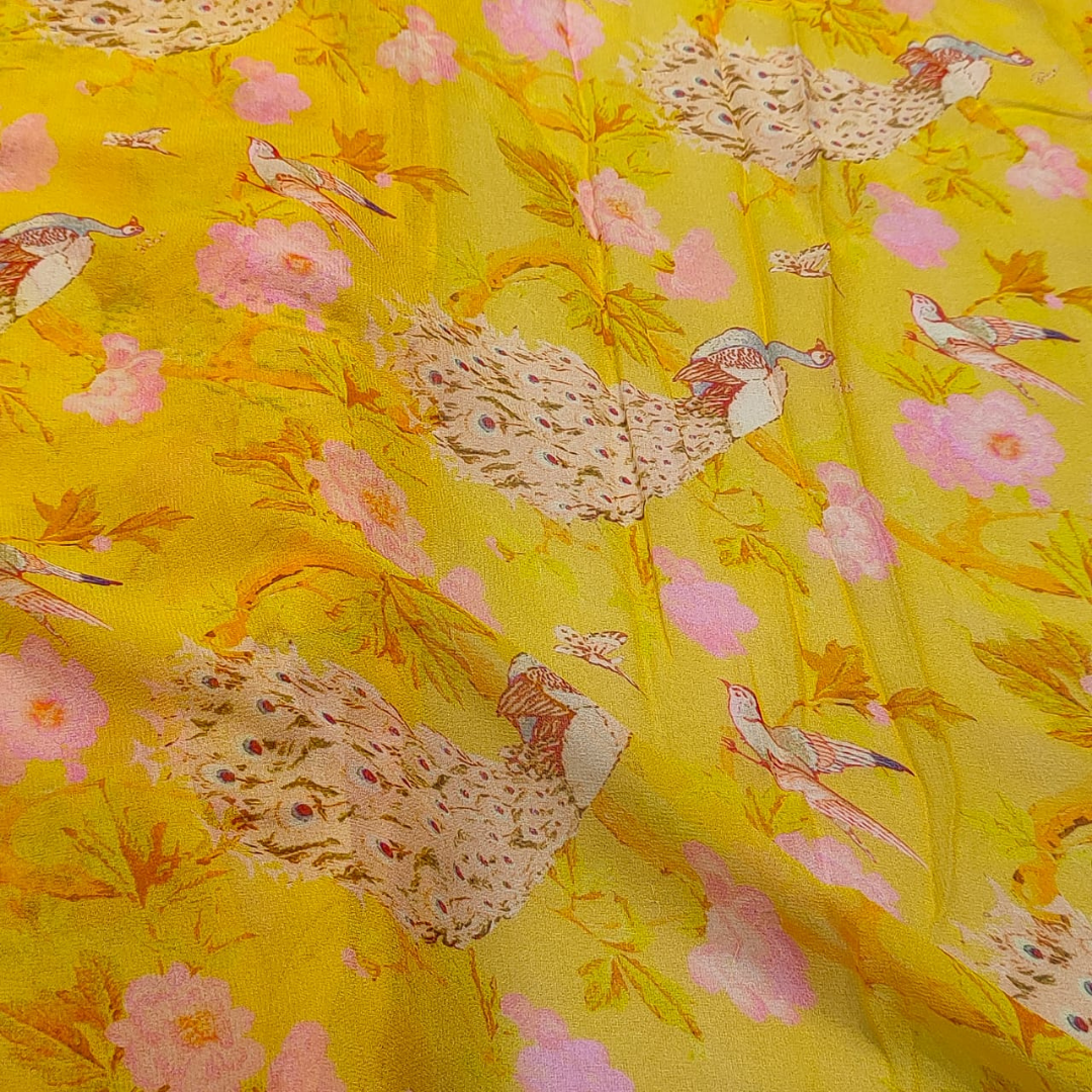 Mustard Viscose Georgette Print with Motifs and Floral , Width : 44"