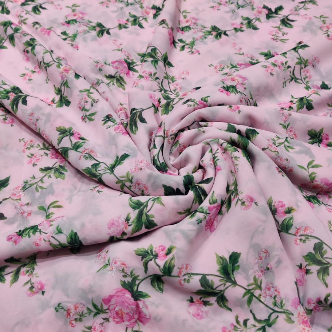 Georgette roze bloemenprint, breedte: 44" 